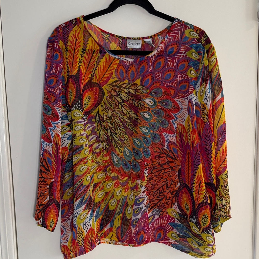 Chico's Womens Top SHEER 3/4 Sleeves Peacock Feathers Colorful Chicos Size 3